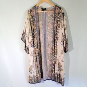 ANGIE Women's Tan/Green Floral Open Front Kimono Sz S Short Sleeve Boho Casual